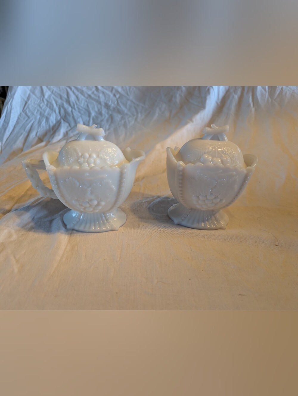 2/160$set of White Milk Glass Covered Sugar Bowls And creamer with Floral Relief